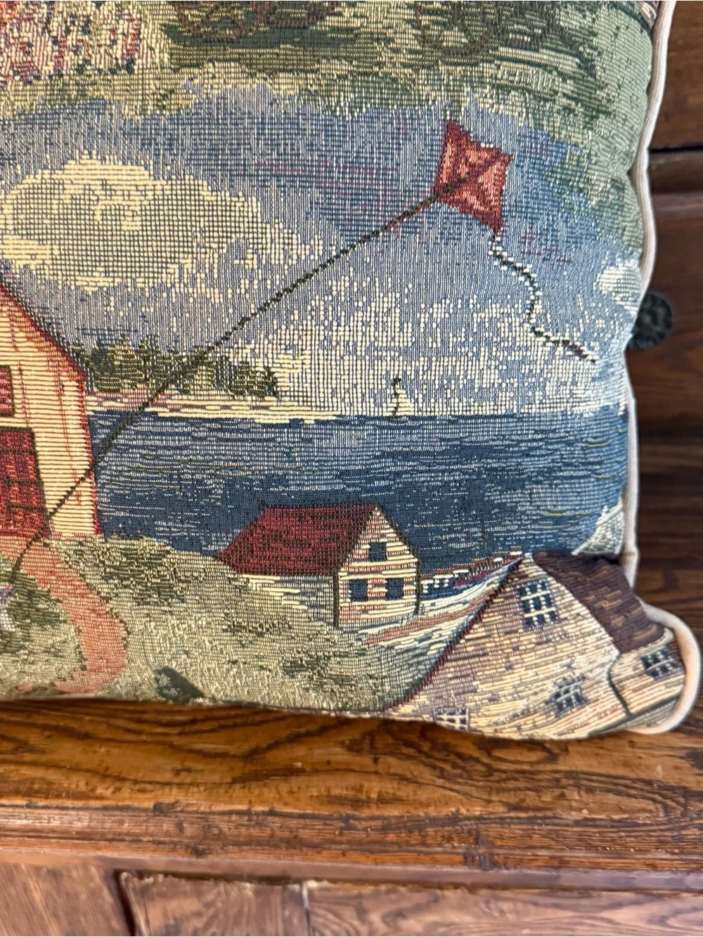 VTG Seaside Americana Town Embroidered Tapestry Granny Cottage Throw Pillow